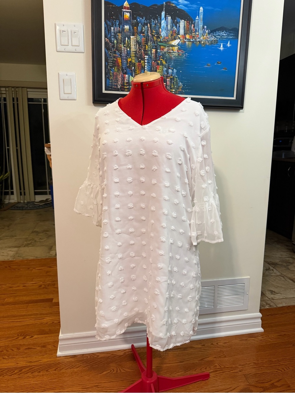 White Textured V-Neck Shift Dress
